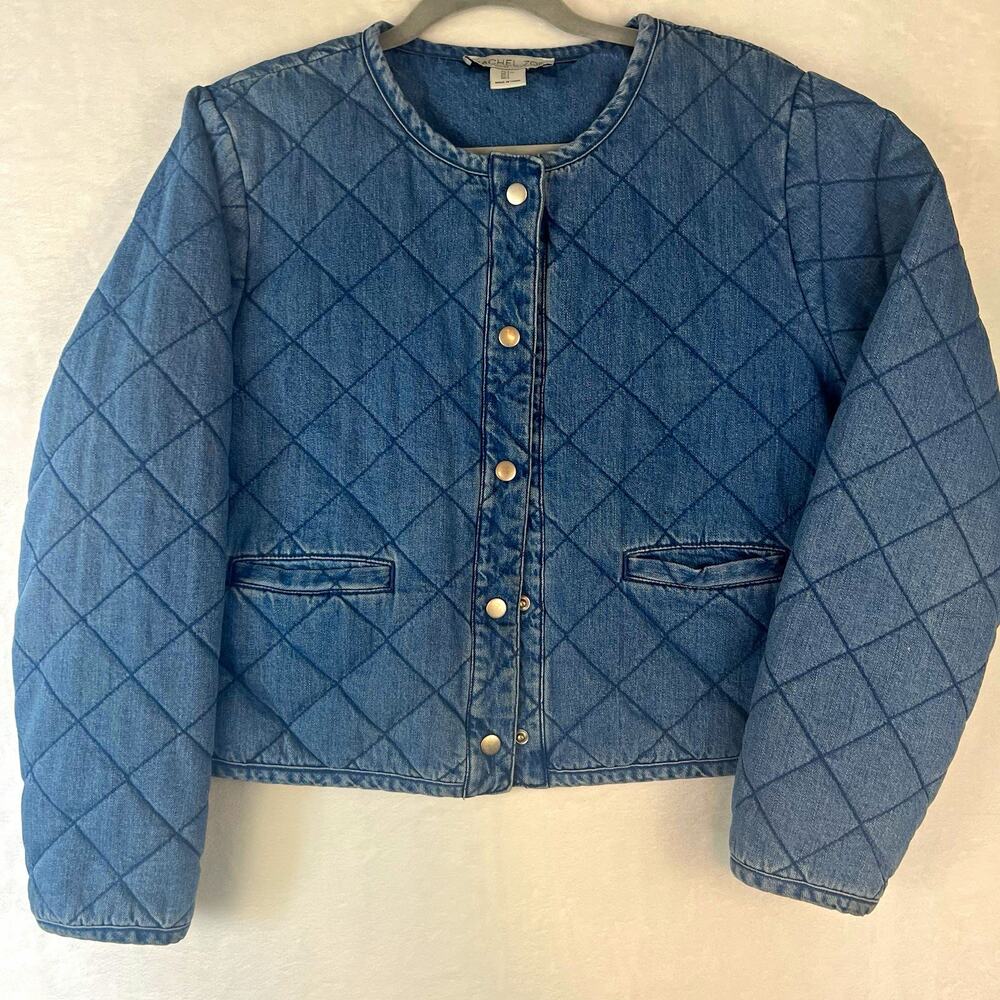 Rachel Zoe Women’s Blue Quilted Denim Snap Front Lined Jacket Pockets Size L Y2K